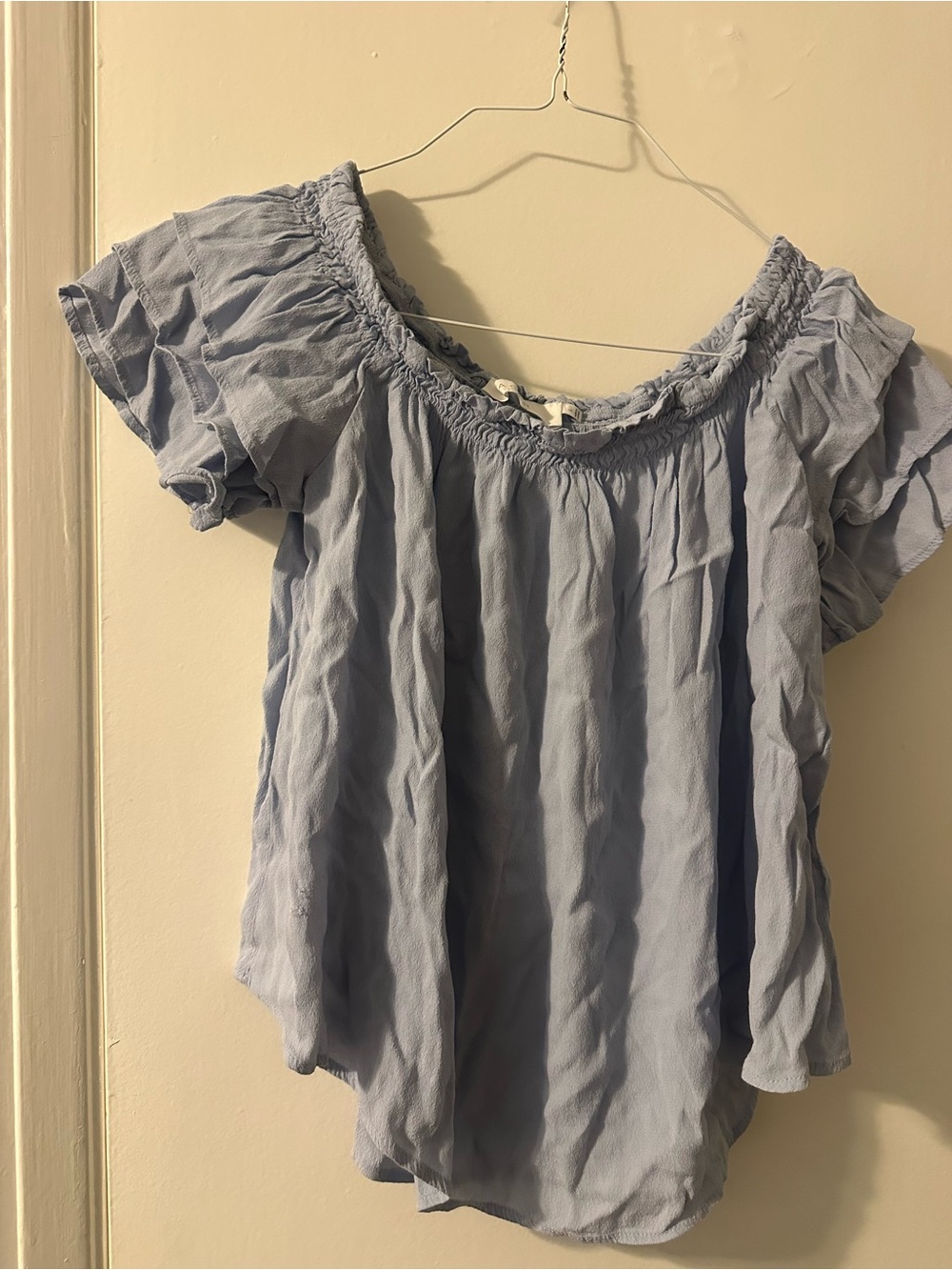 Astr Light Blue Smocked Off-Shoulder Short Sleeve Blouse